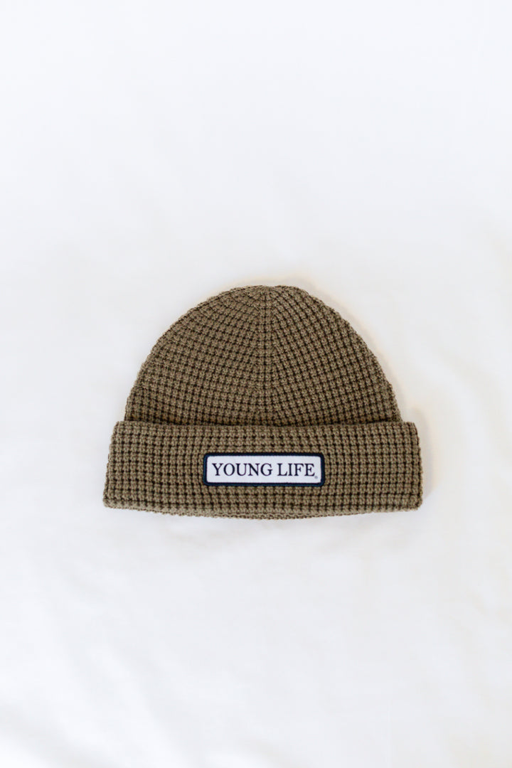 Knit Cuffed Patch Beanie - Olive Green