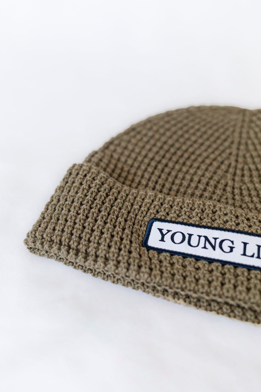 Knit Cuffed Patch Beanie - Olive Green
