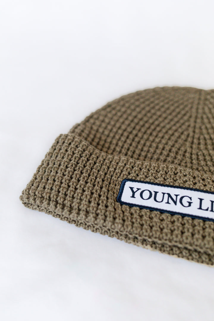 Knit Cuffed Patch Beanie - Olive Green